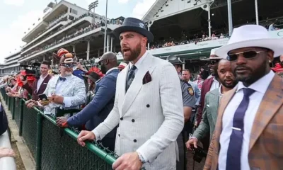 Fans complain over Travis Kelce  Fashion Sense at Kentucky Derby in Louisville KY on Saturday, saying the Jacket is too tight.. No